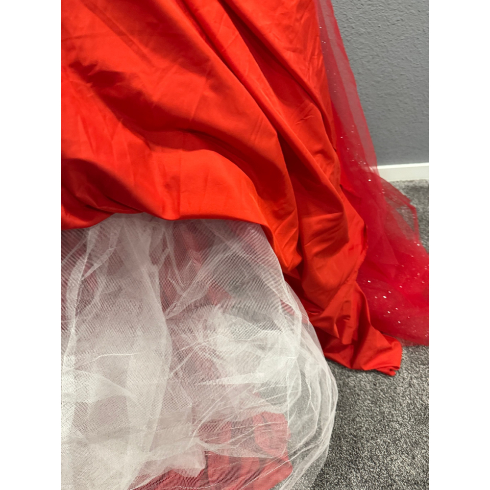 Chicas Red & Gold Ball Gown Dress | Size Large | Off-Shoulder Glitter Tulle - Picture 3 of 16